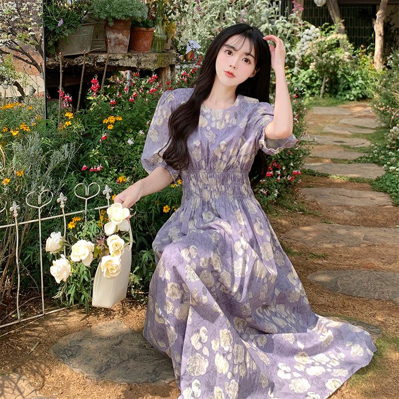 

Summer 2025 Purple Floral Chiffon Dress: Gentle Puff Sleeve, Round Neck, Fitted Waist, Tea Length M - Premium