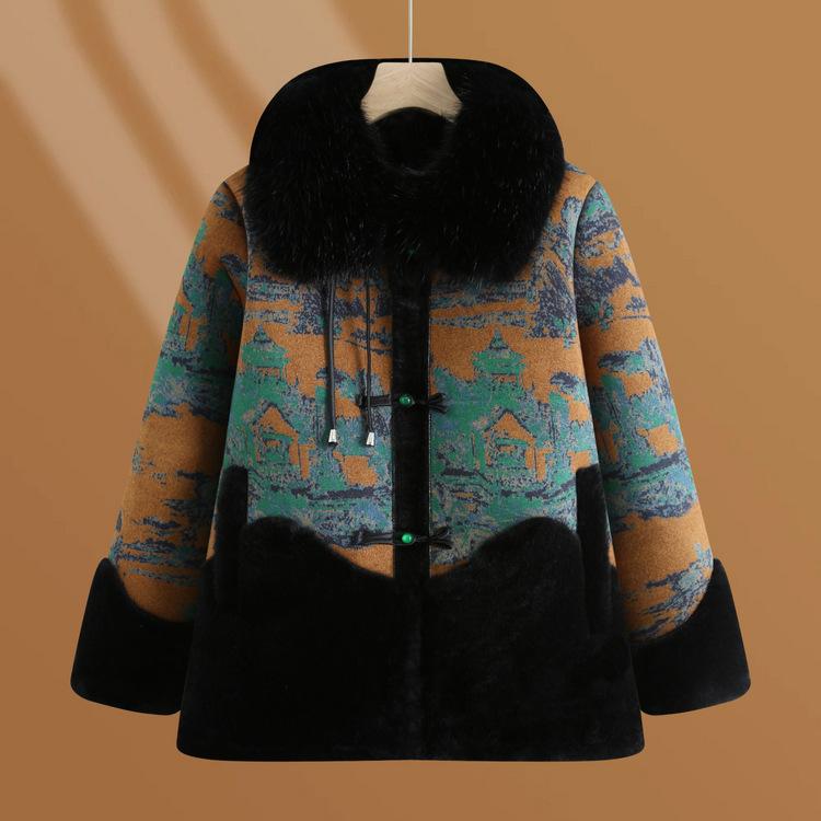 Middle-aged and Elderly People Thickened Winter Fur Coat Mothers Winter Fur Integrated Mink Plush Collar Coat New Style