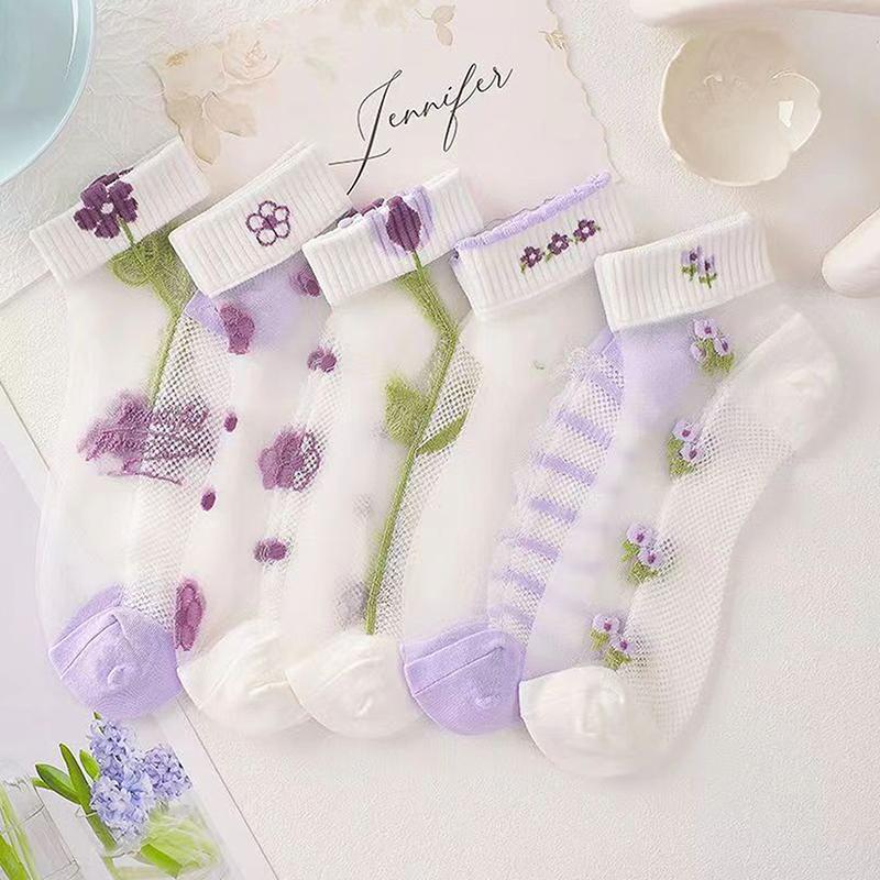 

5Pairs Breathable Short Socks Japanese Cute Little Fresh Women Socks Spring Summer Thin Crystal Boat Socks one size