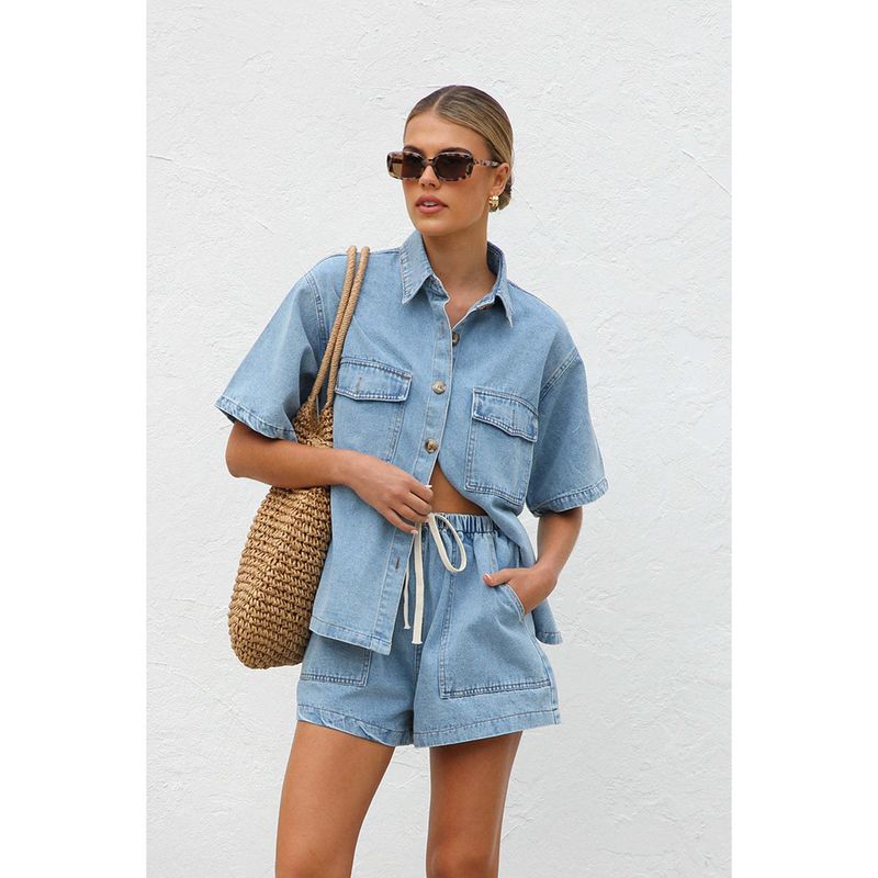 

Summer European and American Women s Clothing Casual Loose Pockets Short-Sleeved Shirt Denim Two-Piece Suit Light Blue XL