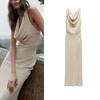 Spring Elegant Sexy Back Opening Design Draped Collar Gold Inlay Midi Skirt Dress 3578568