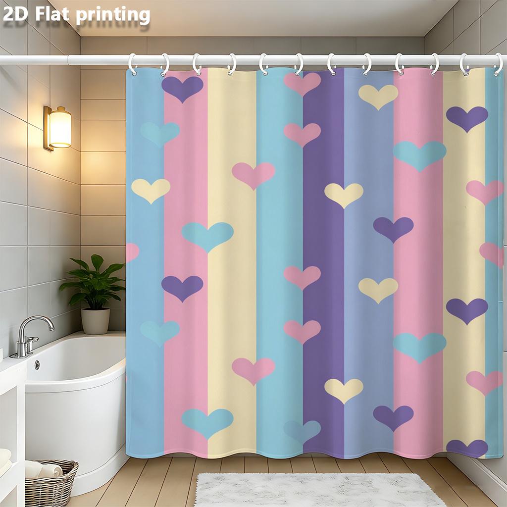 

Pastel Stripe Shower Curtain 1Pc Polyester 2D Flat Print 70.8X70.8 Inch Playful Heart Motifs Bathroom Decor W60H190(CM)-1 Pcs