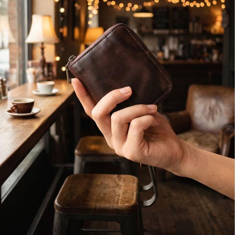 Multi-Functional Genuine Leather Wallet for Men, Vintage Zipper Purse, All-in-One Organizer for Cards, Cash, Coins & ID