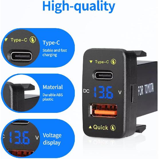 Levigo Car Charger Dual 18W USB PD+QC3.0 Fast Charge for Toyota, Type C USB Car Power Socket with LED Voltmeter Display, Compatible with 12/24V