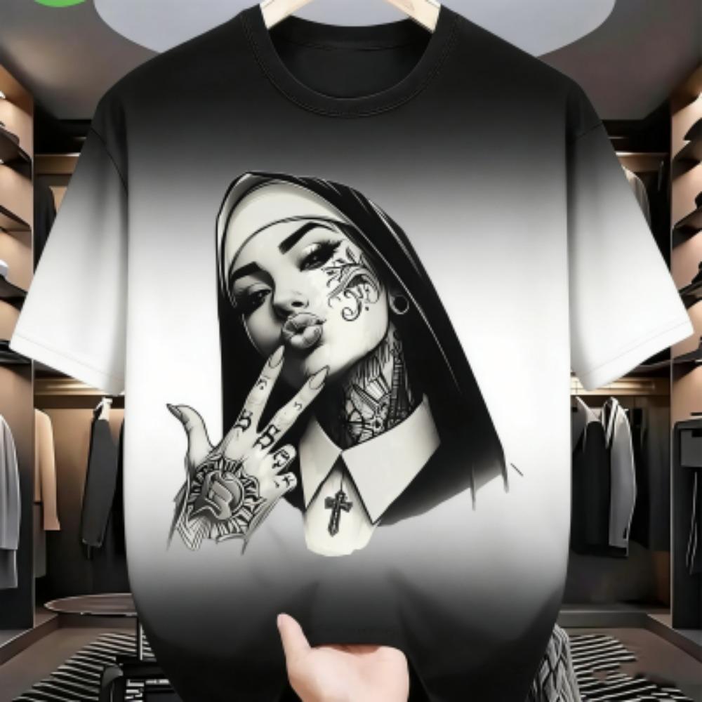 Tattooed Nun Graphic Print Men's T-shirt Summer Fashion Casual Loose Short Sleeves Men's and Women's Tees Top