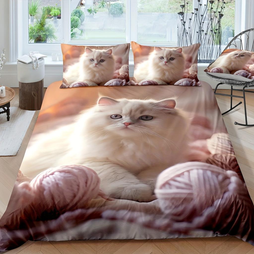 Modern Fashion Duvet Cover Set 3D Cute Cat Print Bedding Set, Soft Comfortable Duvet Cover For Bedroom Guest Room