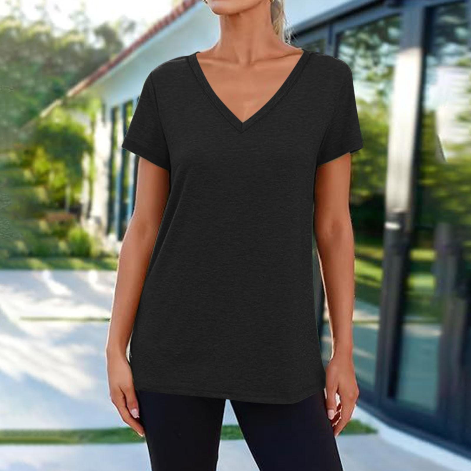 

Футболки с коротким рукавом и V-образным вырезом, футболки для женщин, модные топы, модный легкий мягкий повседневный летний топ M чёрный