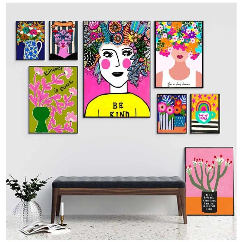 Leopard Lady Colorful Rainbow Flower Cup Wall Art Canvas Painting Nordic Posters and Copies Wall Photos for Living Room