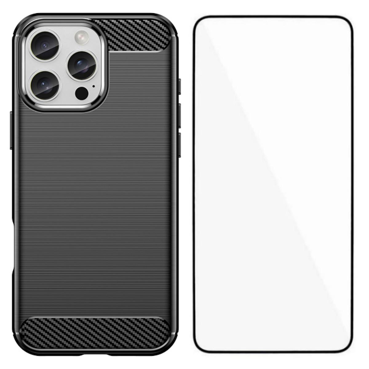 

For iPhone 16 Pro Case with Screen Film WANLONFENG LS Series Big Lens Hole Brushed Texture TPU Phone Cover Black