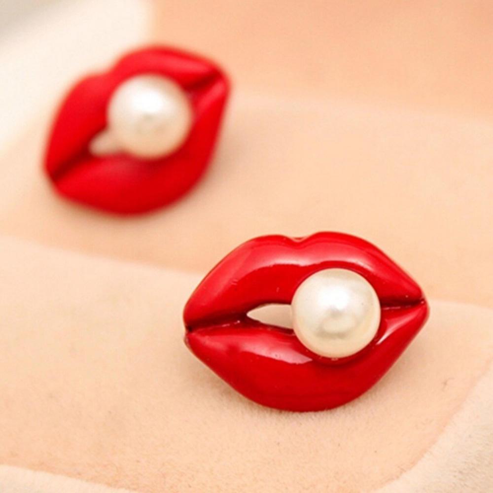 💰Koupit online High Quantity Sexy Red Lips Earrings White Pearl