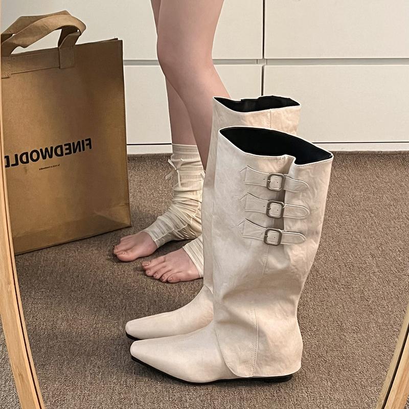 Cosy Soft Leather Women Knight Long Boots Fashion Button Combination Splicing Female Western Cowboy Booties