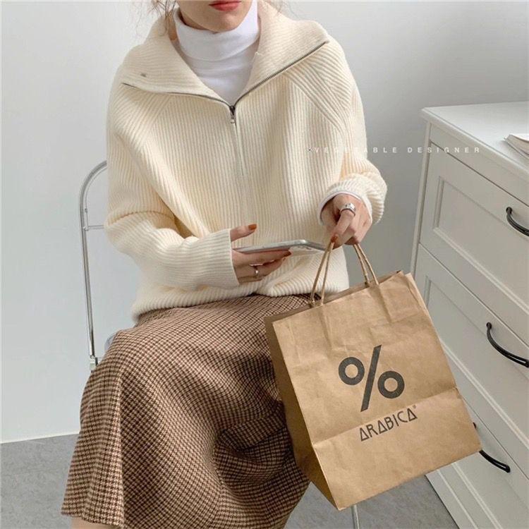 Cardigan Maglioni Casual a Maglia Donna Autunno Inverno Vintage Zip-up Monocolore Larghi Manica Lunga Top Maglieria Chic Kpop