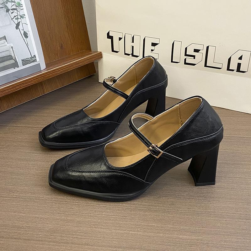 

French high-heeled Mary Jane shoes with small square head thick heel fashion shoes 2025 new retro light mouth single shoes women 42 чёрный