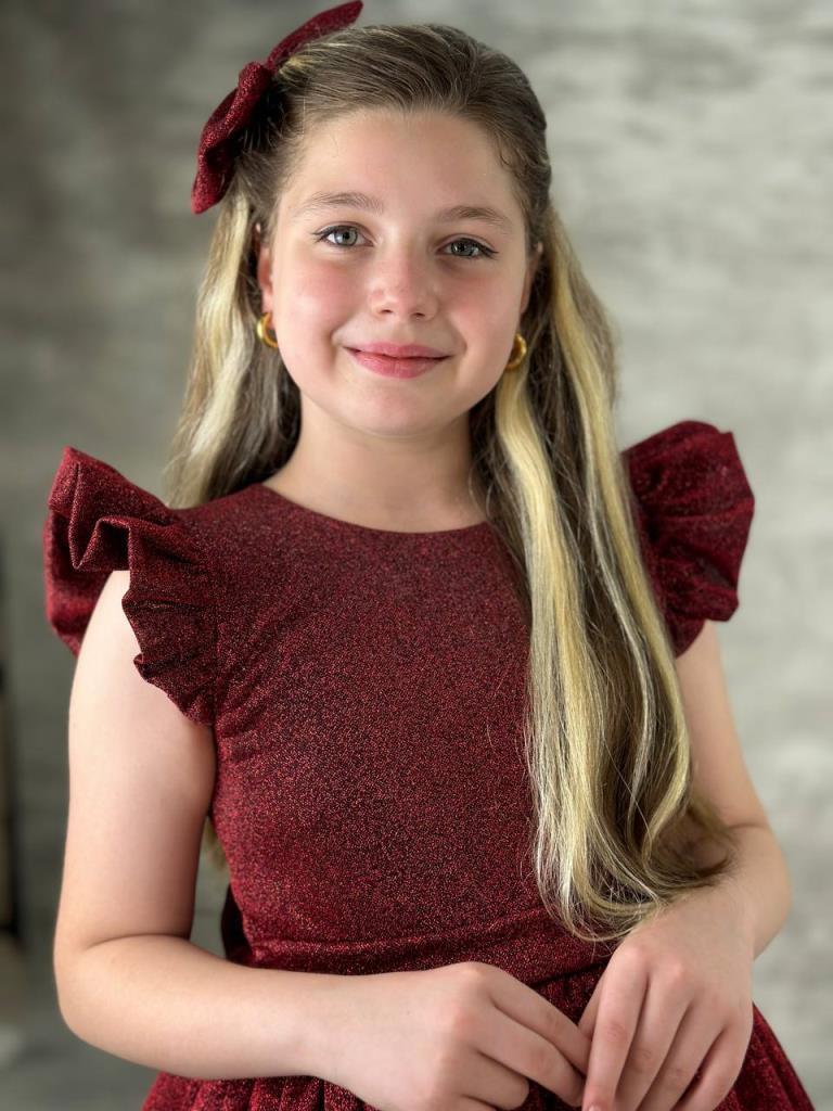 

Girl s Shoulder Frilly Shiny Claret Red Dress