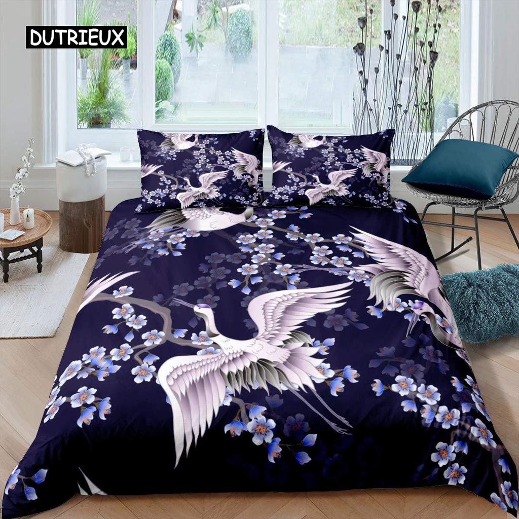 Zestaw Poszwy na Kołdrę Żuraw Rozmiar Queen Japoński Zestaw Pościeli Wzór Kwiatów Wiśni Kobiety Dziewczyny Japońska Tradycyjna Poszwa na Kołdrę