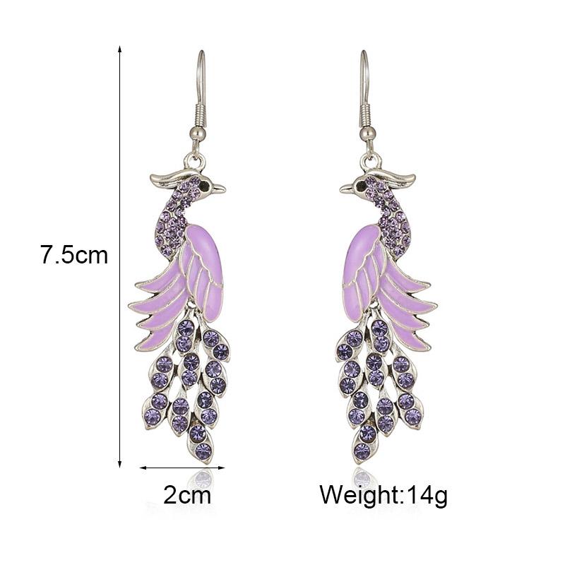 Blue Drop Oil Rhinestone Peacock Earrings for Women Ethnic Vintage Long Silver Color Geometric Animal Earrings Boho Jewelry Gift