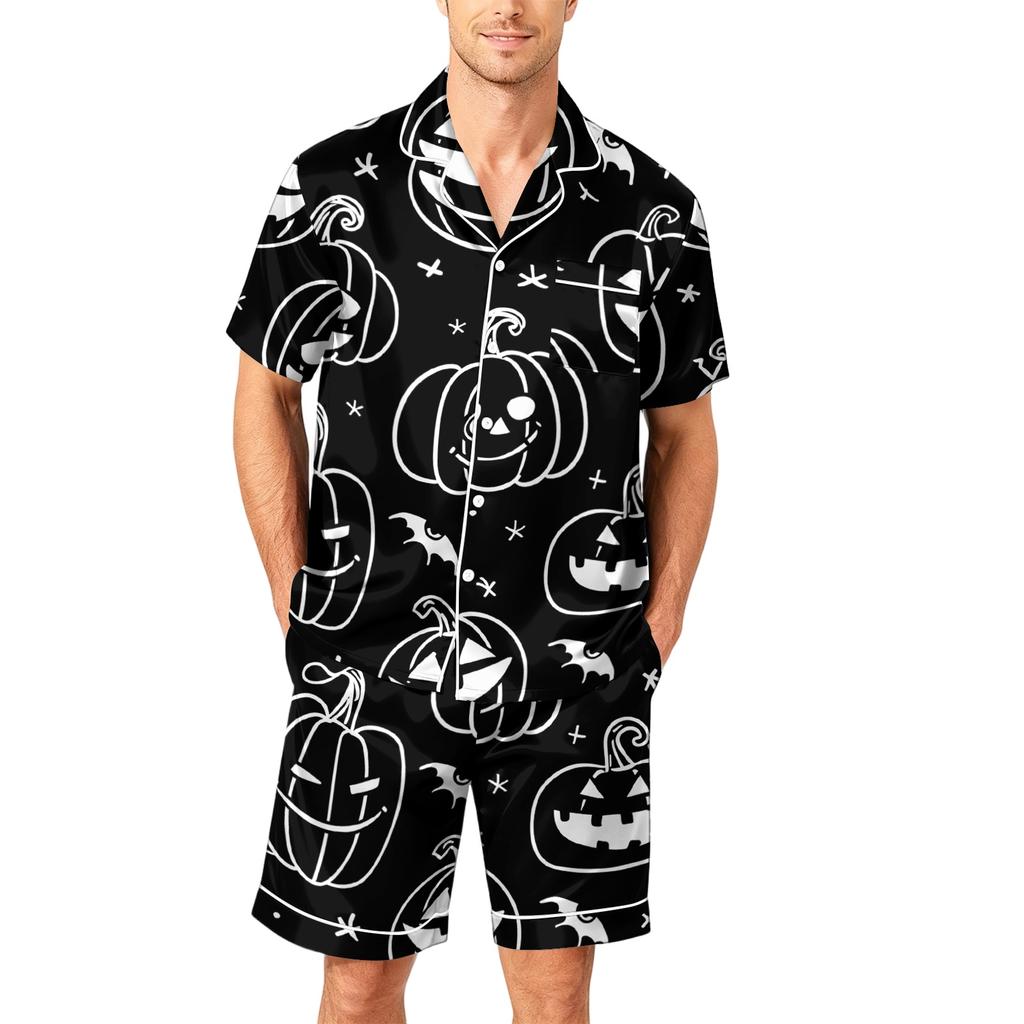Men's Short Sleeve Pajama Set Button Down Shirt with Curved Hem and Matching Shorts Soft Casual Sleepwear Available In Sizes S To XXXXL