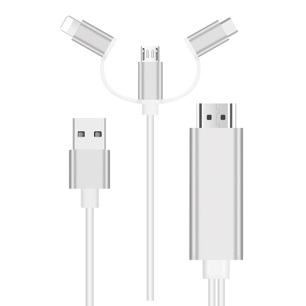 3-in-1 Lightning/Type-C/Micro USB To HDMI HD Adapter Cable for iOS and Android Devices Mirroring Screen To TV/Projector/Monitor