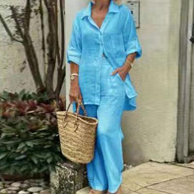 2 Pcs/Set Women Shirt Pants Set Solid Color Turn-down Collar Long Sleeve Top Wide Leg Elastic Waist Loose Pants Commute Clothes Blouse Trousers Set