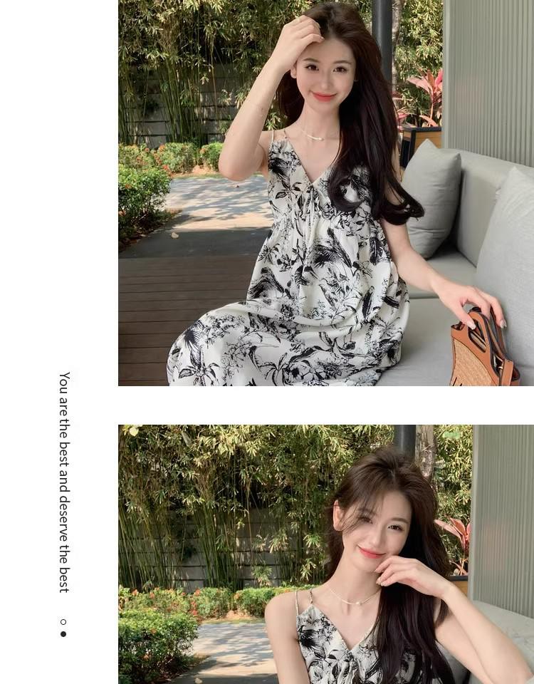 2024 French Ink Floral Suspender Beach Dress: High-End Summer Wear for Women