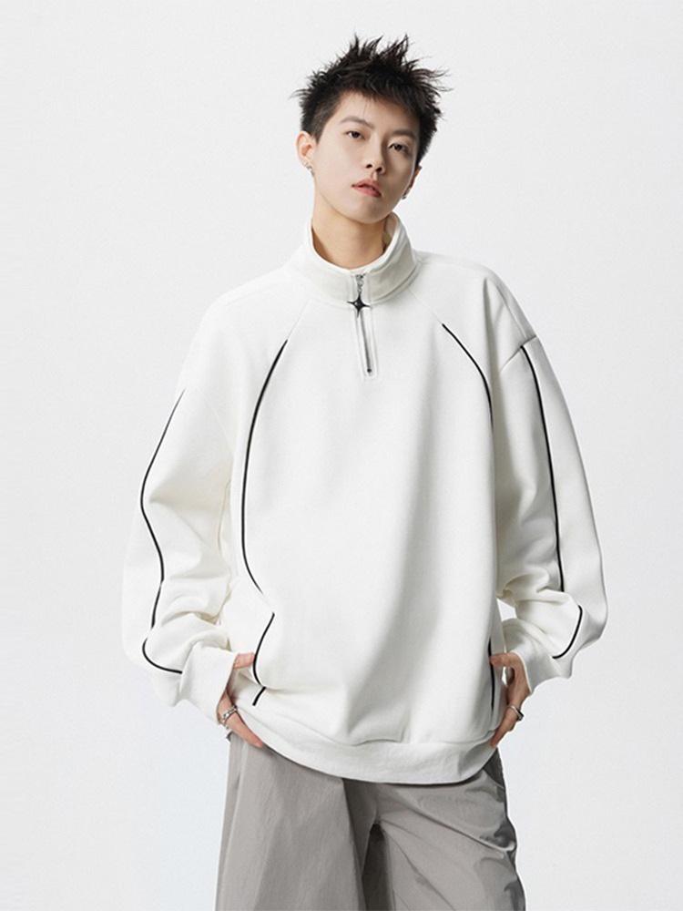 Men's 2025 Spring/Autumn Striped Color Block Half-Zip High-Neck Hoodie - Trendy Loose Heavyweight Top