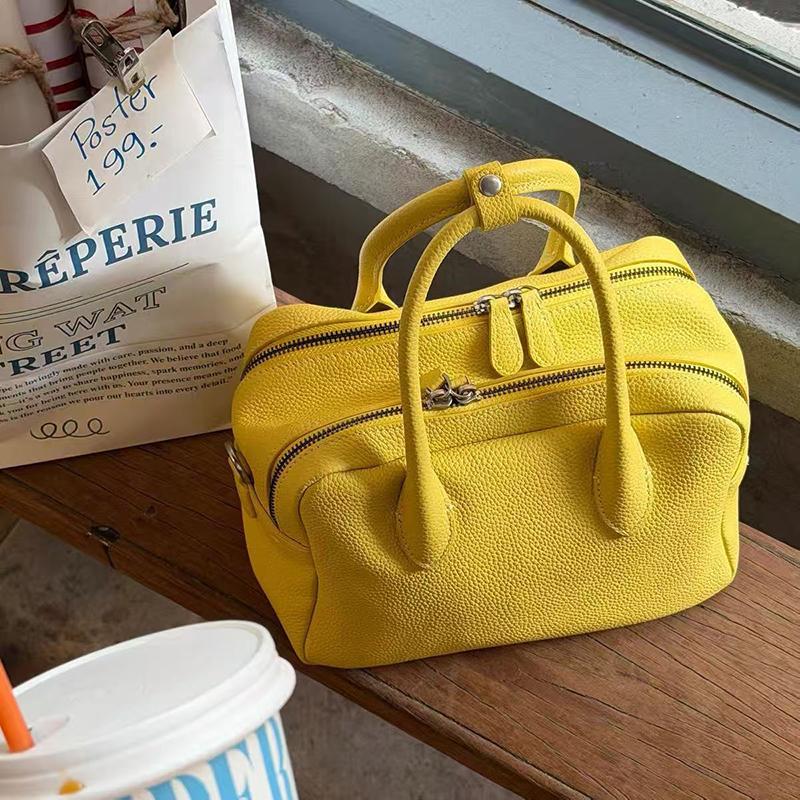 

Lychee Leather Boston Bag With Dual Zipper Closure Minimalist Design Durable Pu Versatile Work Commute Women Shoulder Handbag 23cmx13cmx15cm жовтий