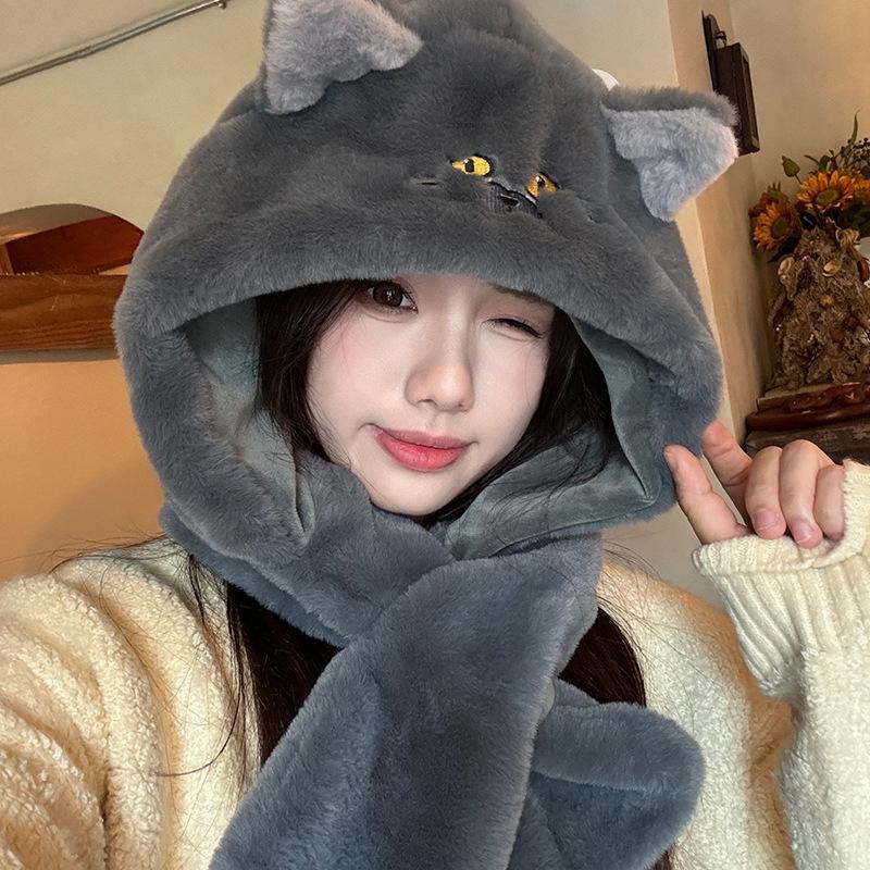 Plush Rabbit Hat and Scarf for Women In One Winter New Cute Warm Scarf Versatile Ear Protection Lei Feng Hat