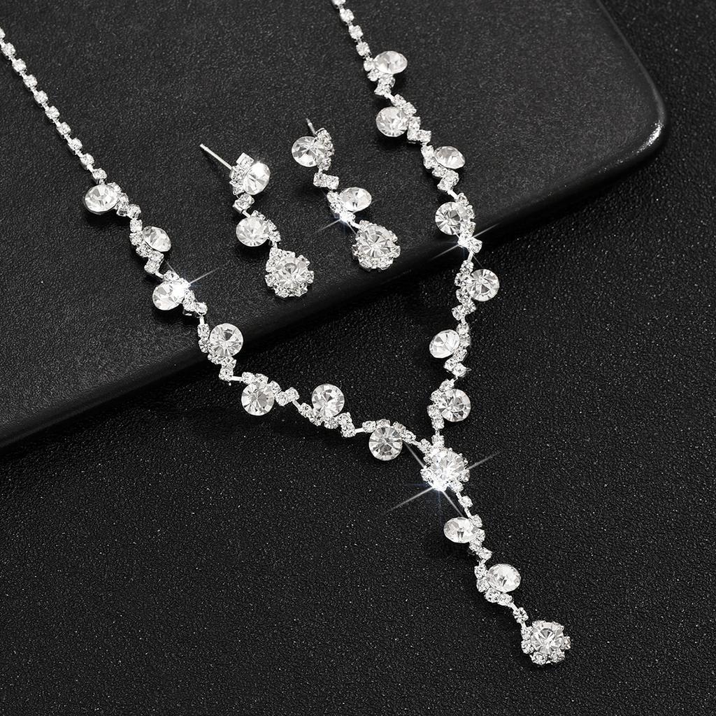 Multi-Color Jewelry Set New Shiny Full Diamond Women'S Wedding Jewelry Necklace Earrings Bracelet Three-Piece Set