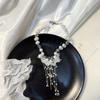 Fashionable Pearl Bead Neckchain Flower Pendant Fringe Collarbone Necklace Adjustable Choker Stylish Accessory for Women