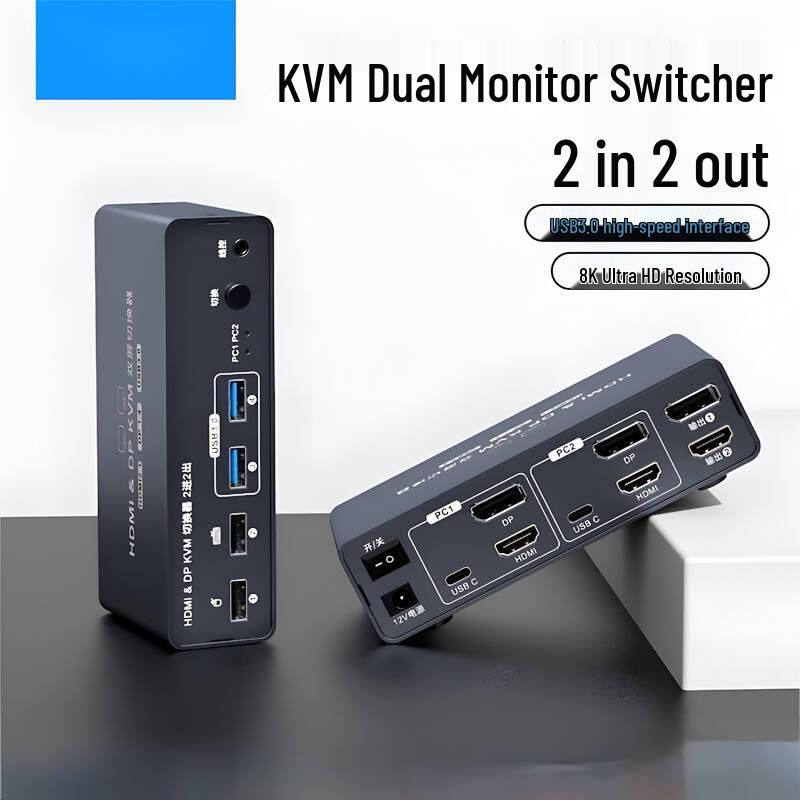 8K HDMI 2.1 Dual Monitor KVM Switch with USB 3.0 Hub