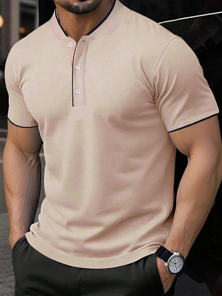 Men's Small Stand Collar Shirts Short-sleeved Polo Contrast Color Fashion Golf T-shirt Button Down Slim Fit