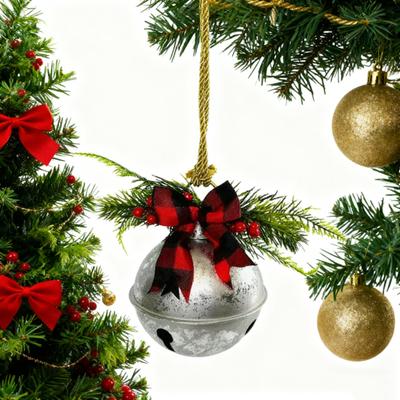 Christmas Bells Ornament Rustic Christmas Jingle Bell with Pine Needles Red Berries And Plaid Bow for DIY Holiday Door Window Tree Wreath Garland