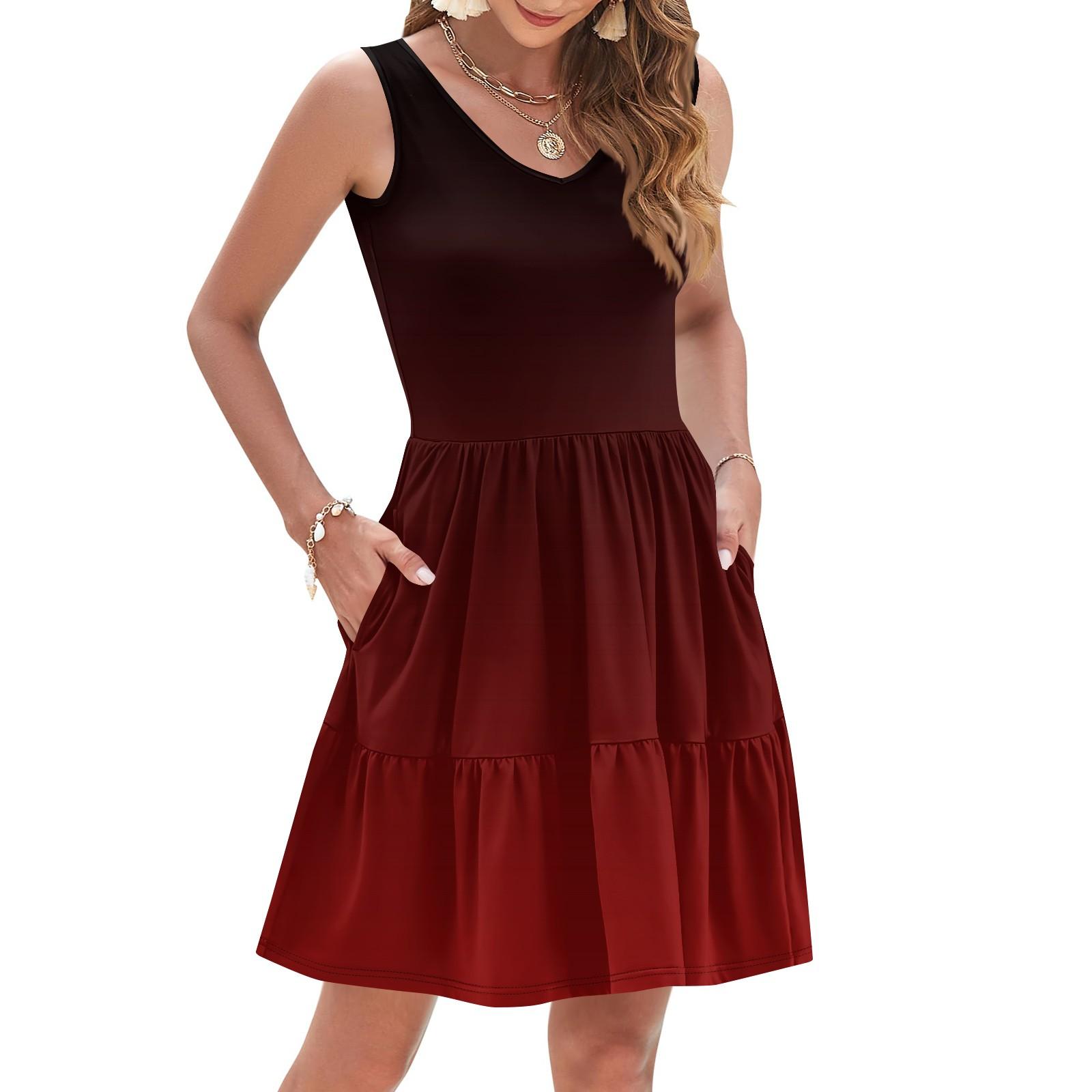 

Women s Summer Fashion Casual V-neck Pleated Patchwork Gradient, Tie-dye Print Sleeveless Pocket Vest Dress XL винний