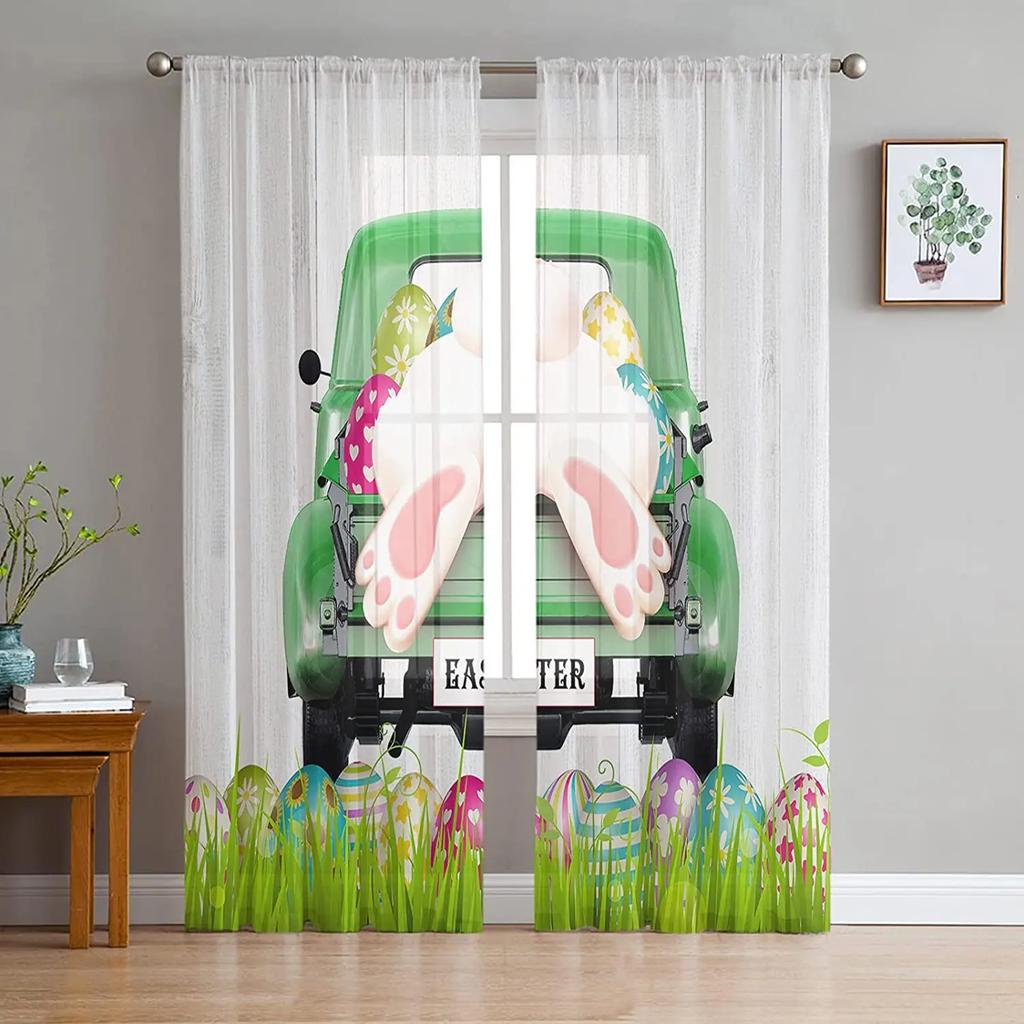 Easter Bunny Tail Wood Curtain Colorful Eggs Happy Transparent Voile Curtains Living Dining Room Bedroom Drapes Light Filtering For Sleeping Area