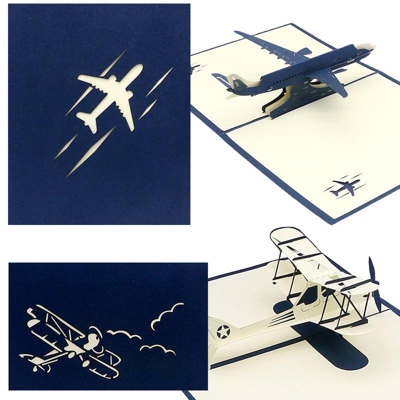 

2PCS Blue 3D Airplane Shape Carving Greeting Card Civil Aviation Retro Style Christmas Birthday Decoration Party Gift Cards ZYF