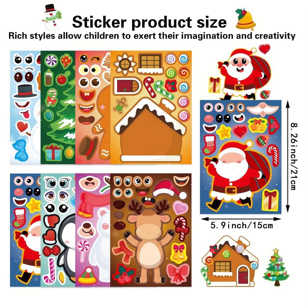 8/24Sheets Christmas Puzzle Stickers Santa Snowman Xmas Tree Make A Face Sticker Kids New Year Party Favors Toy Gift Decorations