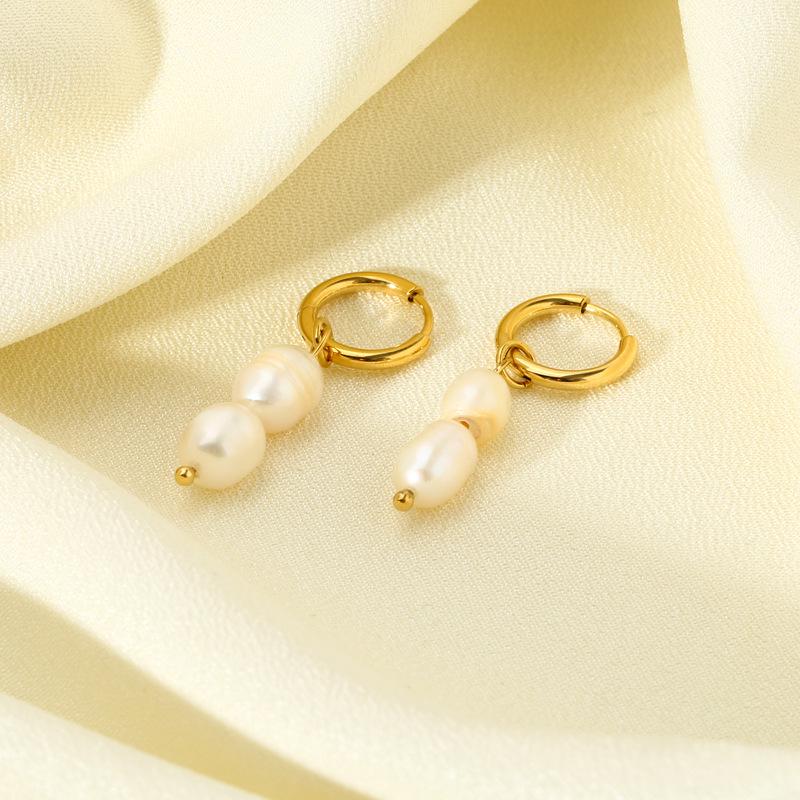 14K Gold Barockperlen Ohrringe - Damen Geometrischer Edelstahl Süßwasserperlen Anhänger