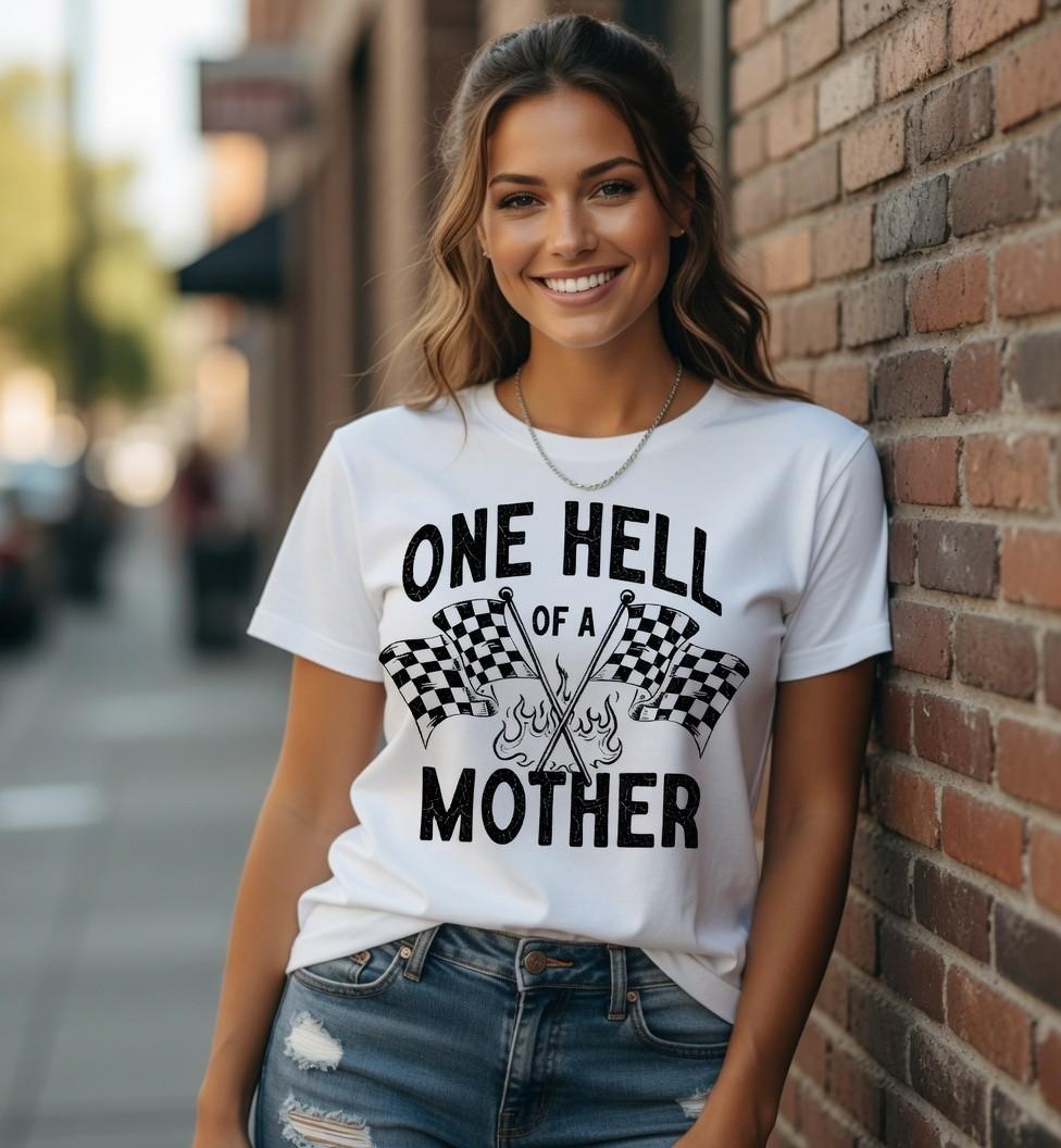 One Hell of a Mother T-Shirt | Racing Flag Mom Shirt | Funny Race Mom Tee 2XL
