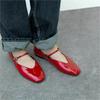 Fashion Woman Red Mary Jane Shoes 2024 Summer Chic Faux Patent Leather Flats Womens Fashion Round Toe Buckle Strap Single Shoes