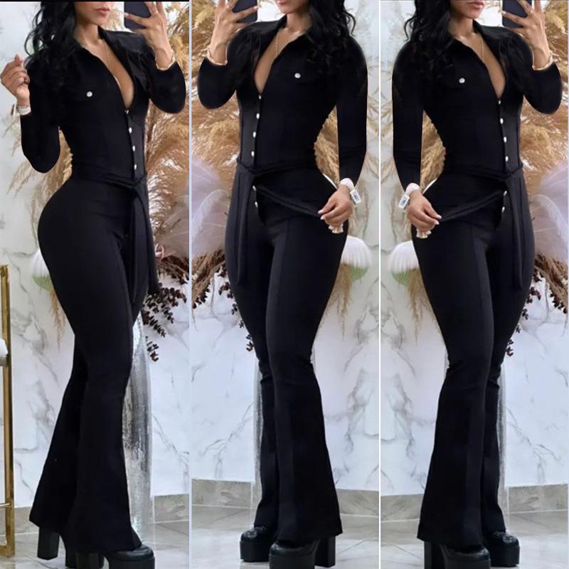 

2026 Autumn/Winter Long-Sleeve Shirt Collar Jumpsuit with Mid-Waist Long Pants Small чорний