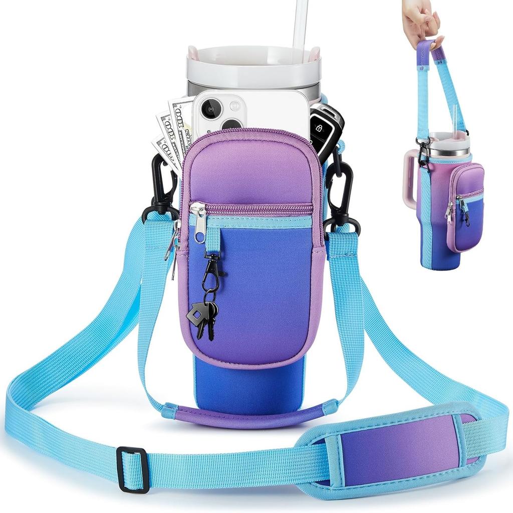 Water Bottle Carrier Bag with Phone Pocket for Stanley 40 & 30 Oz Tumbler with Handle,Pink Insulated Neoprene Cup Holder Pouch