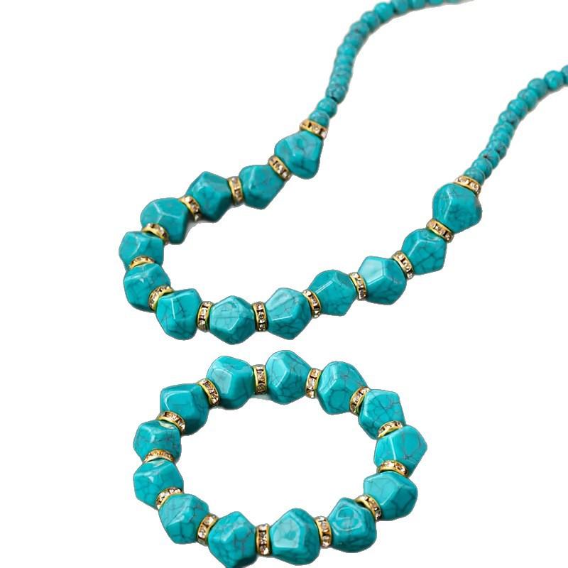 Bohemian Blue Turquoise Rice Bead Bracelet, Elegant Gift Bracelet Necklace Set