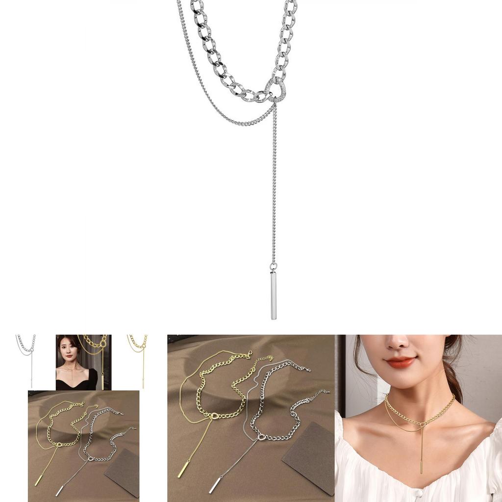 Stylish Geometric Titanium Steel Layered Chain Necklace For Women With Elegant Tassels
