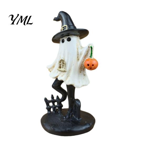Hand Painted Resin Ghost Decor Halloween Figurine, Vintage Cute Holding Unique Gothic Room Accents Pumpkin Lantern Statue for Indoor Home Table