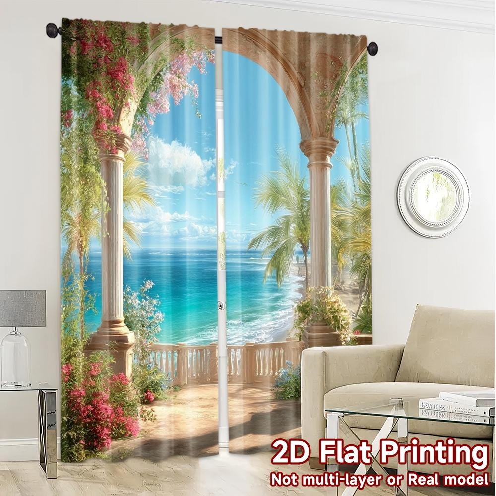 Modern Flat Printing Curtains Without Rod Seaside Balcony Durable Polyester Light Filtering Set Of 2 Made Patio Decor