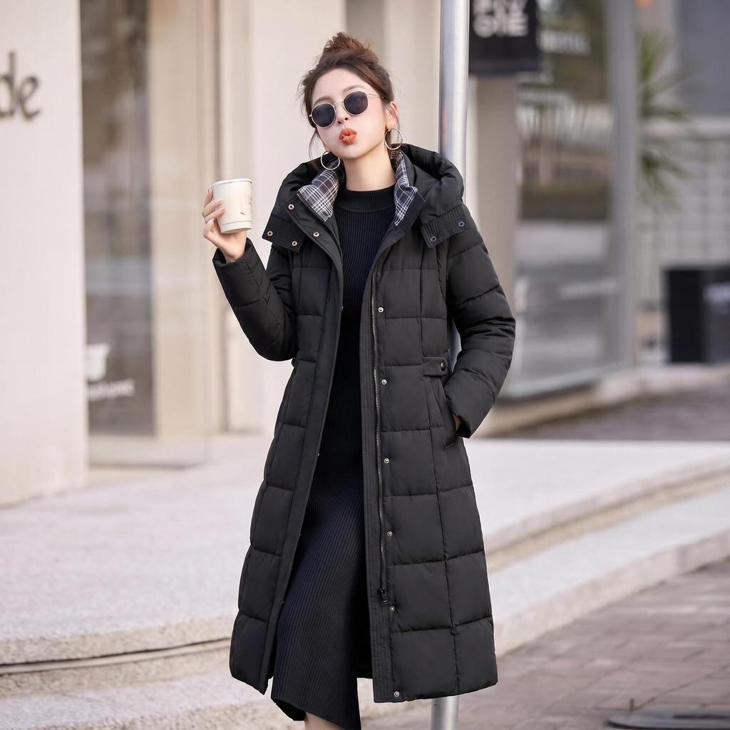 Winter new women's fashion extended down cotton clothes graphene liner detachable sleeve plaid neck cotton coat