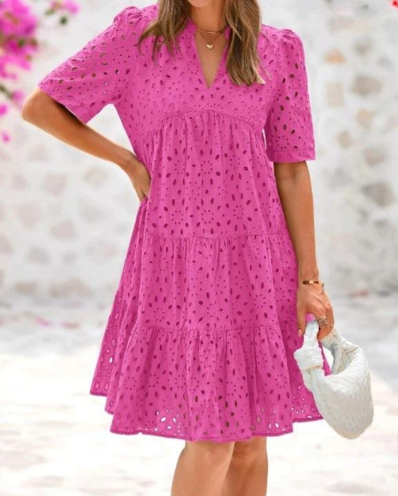 2026 Short Sleeve Women's Beach Vacation Skirt French V-Neck Hollow Lace Dress High-end A-shaped Dress