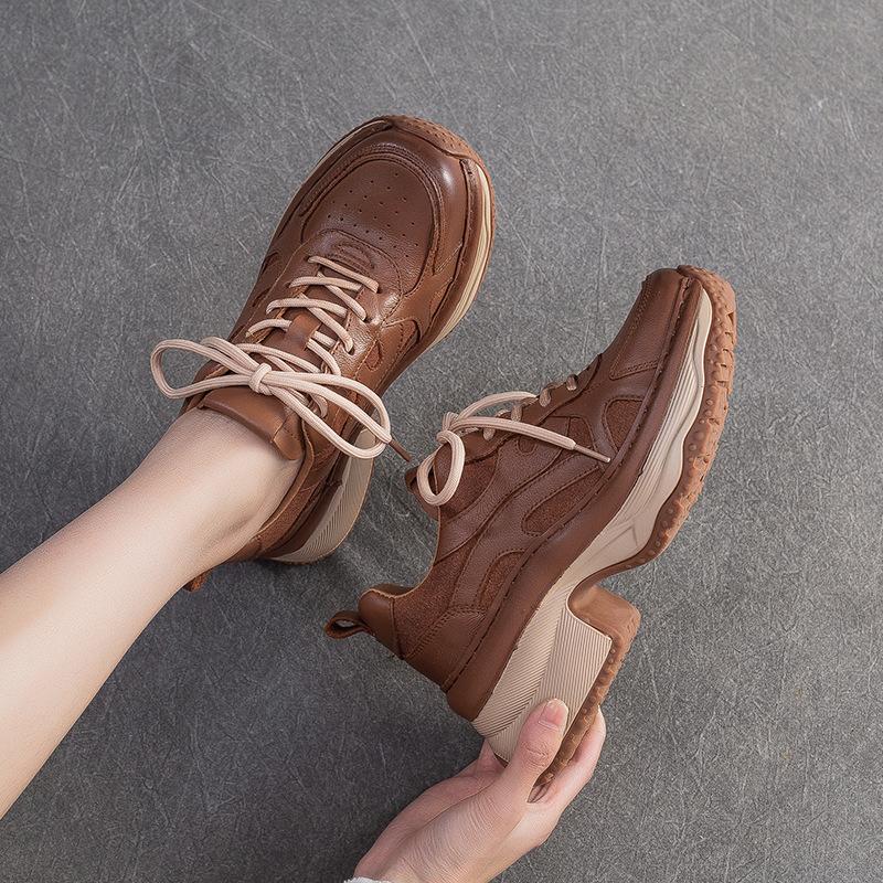 Fashion GKTINOO 2025 Autumn New Genuine Leather Sneakers Retro Handmade Casual Shoes Round Toe Lacd-up Women's Platform Wedge Shoes