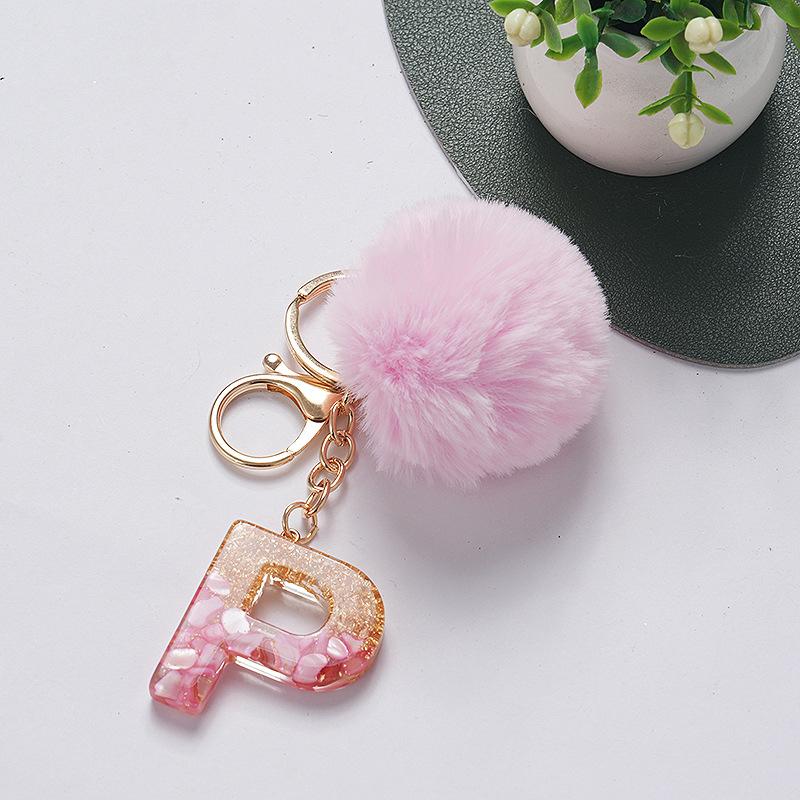 Niedlicher Schlüsselanhänger Rosa Pompom Fellkugel 26 Buchstaben Schlüsselanhänger Harz Schlüsselanhänger Handtaschenanhänger Für Frau Ornamente Accessoires Geschenk
