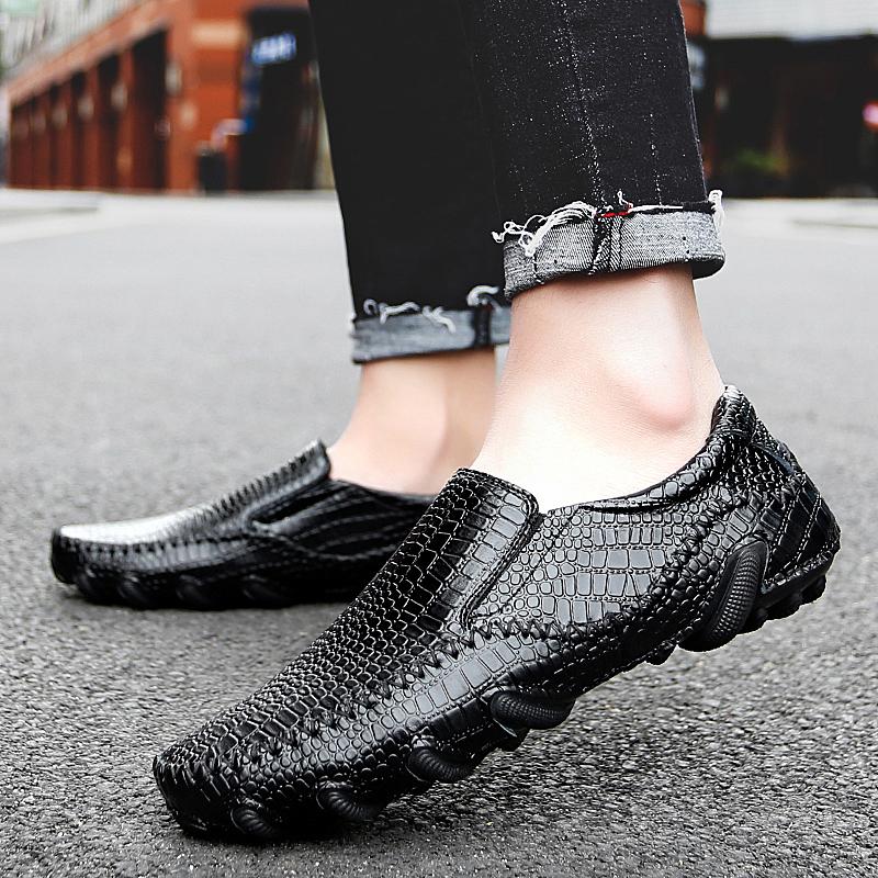 Luxury Genuine Leather Men's Crocodile Black Brown  Bean Shoes Moccasin Leisure Drive Shoes Fashion British Style Man Loafers